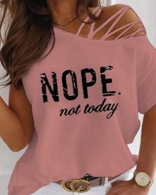 New Summer Off Shoulder Casual Short Sleeved T Shirts Women's Sexy Letter Printed Oversize Plus Size Fashion Clothes Tops (Color: Pink)