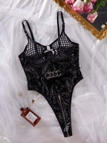 Women Clothing Hollowed out Sexy Mesh Splicing Fabric Leather Sexy Jumpsuit (size: S)